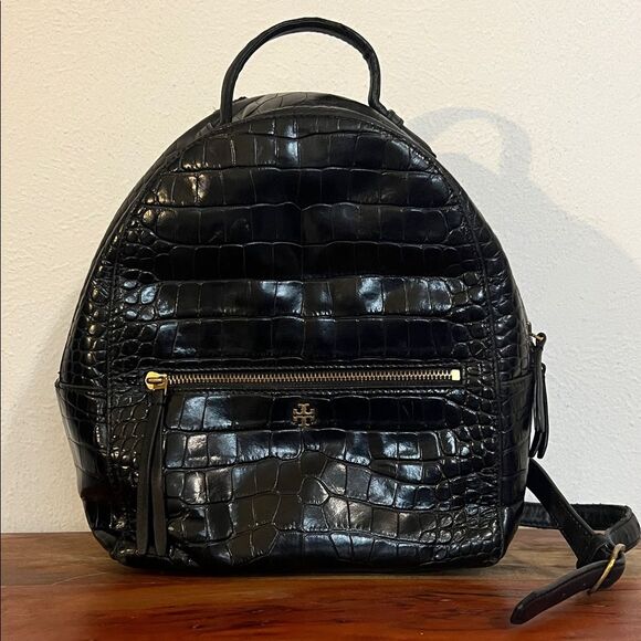 Tory Burch Croc Embossed Black Leather Mini Backpack Purse Gold Logo Casual Luxe main image 9